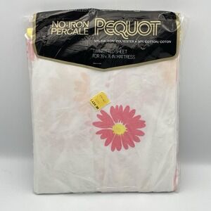 Vintage 1970s Pequot Twin Fitted Sheet Pink Yellow Daisy Floral NOS USA Percale